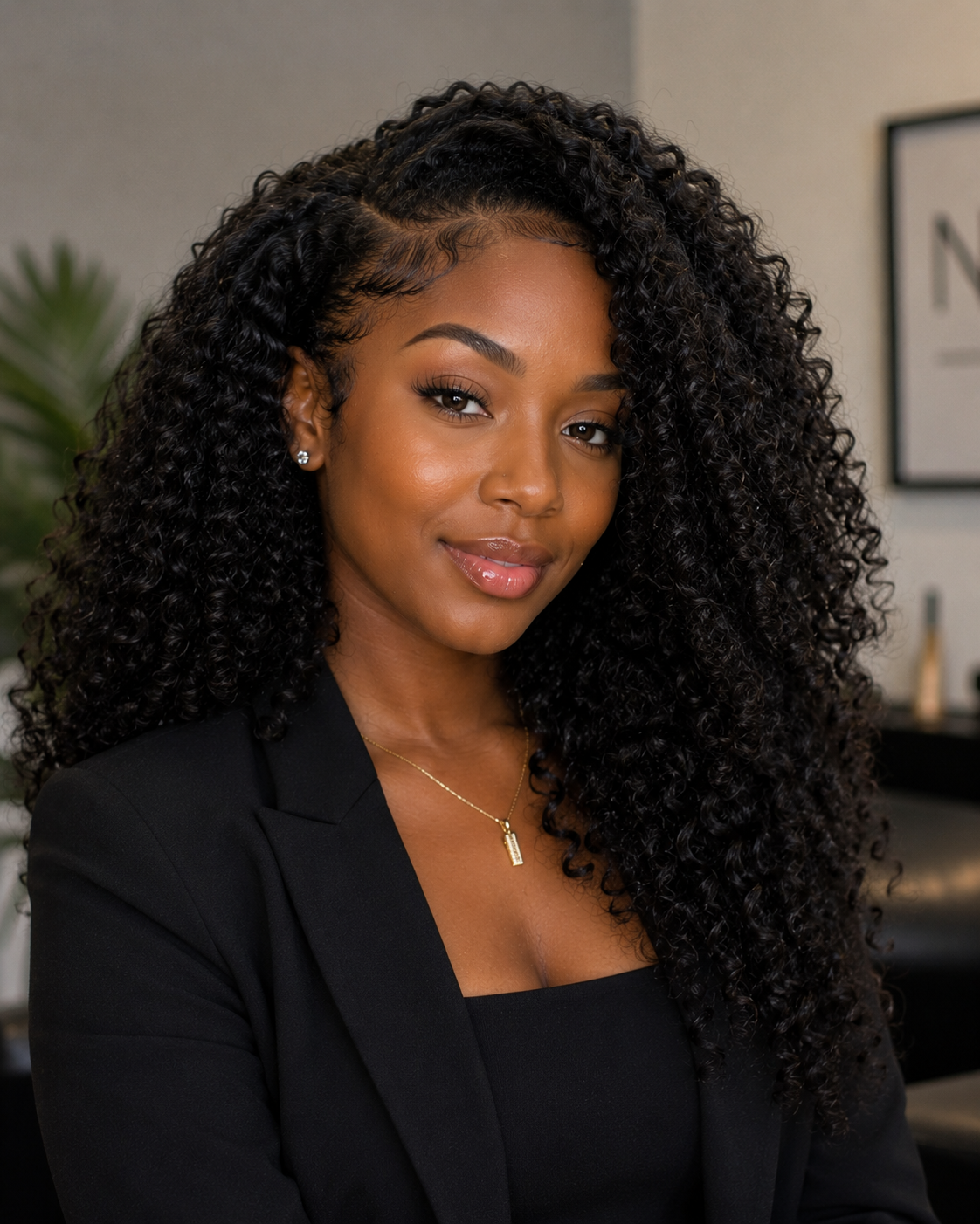 Voluminous defined curly hair