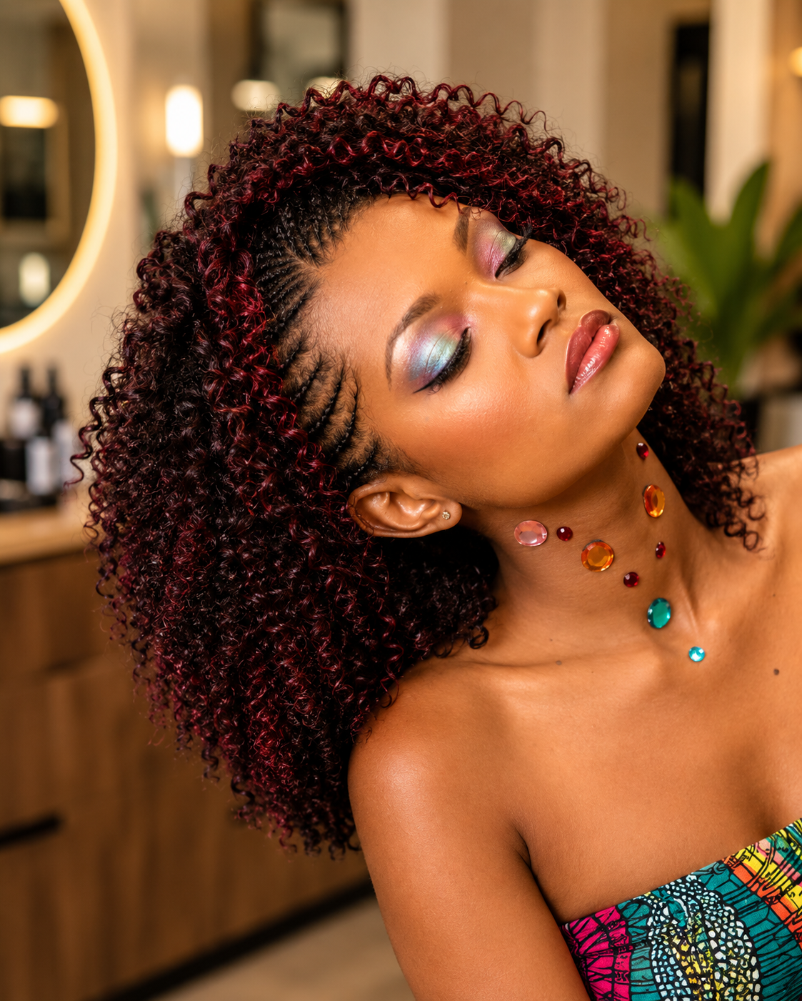 Rich burgundy curls styled at Natrualz